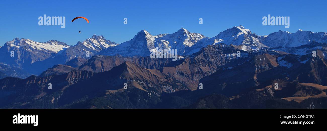 Famous mountains Eiger, Monch and Jungfrau seen from Mount Niesen Stock ...