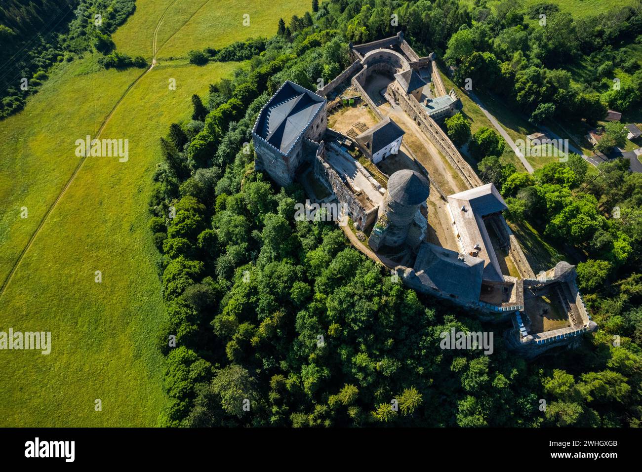 Stara Lubovna Medieval castle and Landmark in Slovakia, Drone View Stock Photo