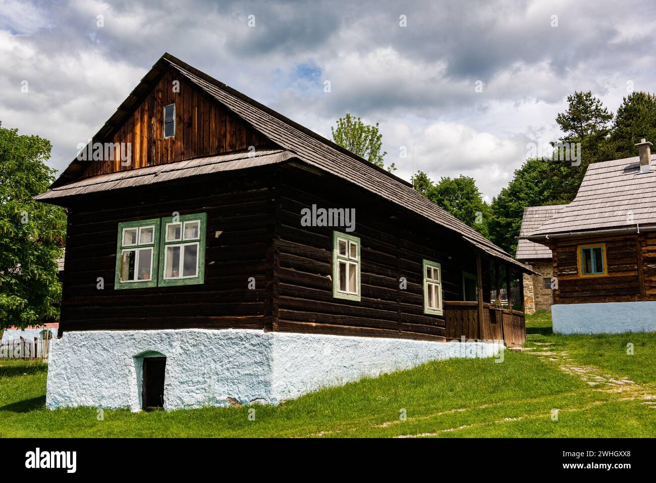 Wooden contemporary village near Stara Lubovna Castle in Slovakia Stock Photo