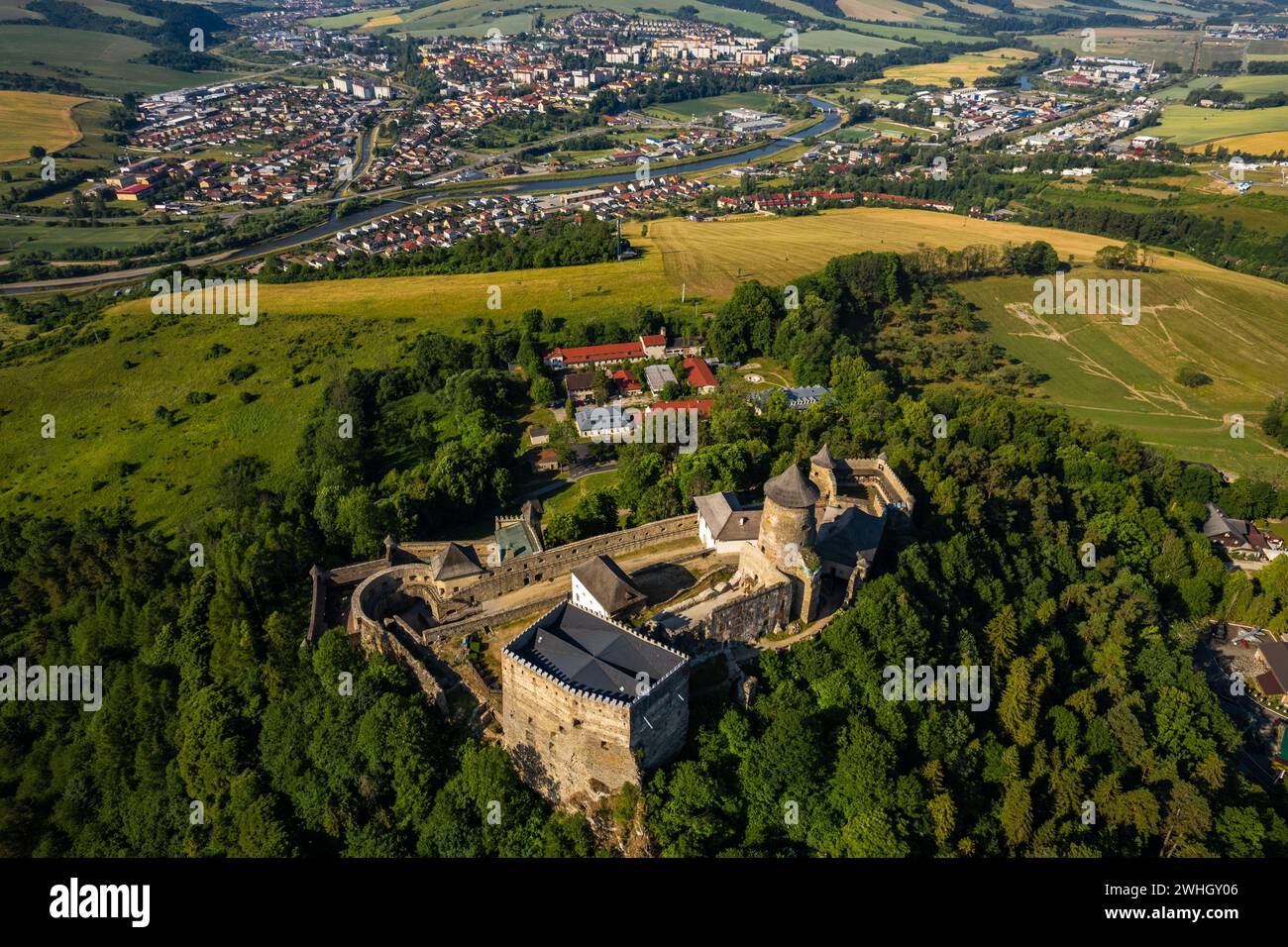 Stara Lubovna Castle in Slovakia, aerial drone view at summer Stock Photo