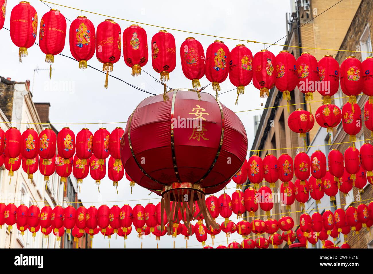 London, UK. 10th Feb 2024. Chinese Lanterns decorate the streets around London's China Town to celebrate Chinese New Year (Year of the Dragon). The Chinese zodiac is a repeating 12-year cycle of animal signs based on the lunar calendar. The Lunar New Year marks the transition from one animal to another. Credit: Stuart Robertson/Alamy Live News. Stock Photo