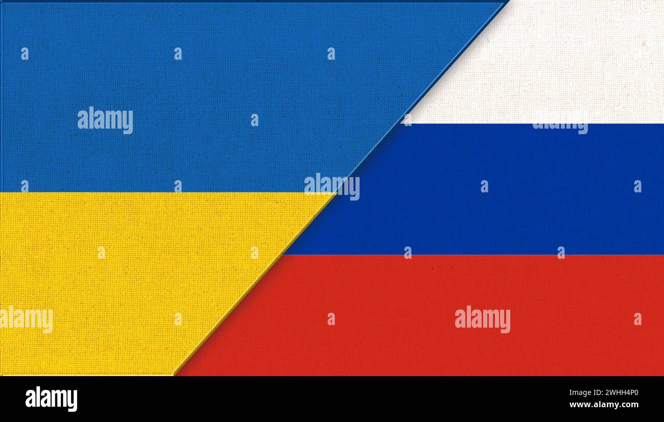 Flag of Ukraine and russia. National symbols of Ukraine and russia - 3D illustration. Ukrainian and Stock Photo