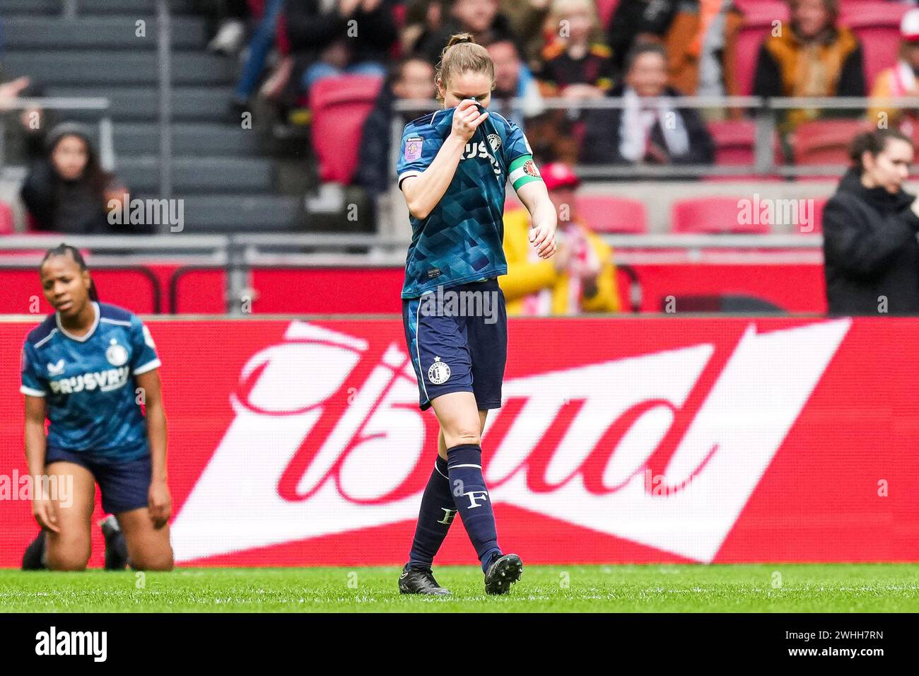 Amsterdam, Netherlands. 10th Feb, 2024. Amsterdam - Sisca Folkertsma of Feyenoord V1 reacts to the 3-0 during the match between Ajax V1 v Feyenoord V1 at Johan Cruijff Arena on 10 February 2024 in Amsterdam, Netherlands. Credit: box to box pictures/Alamy Live News Stock Photo