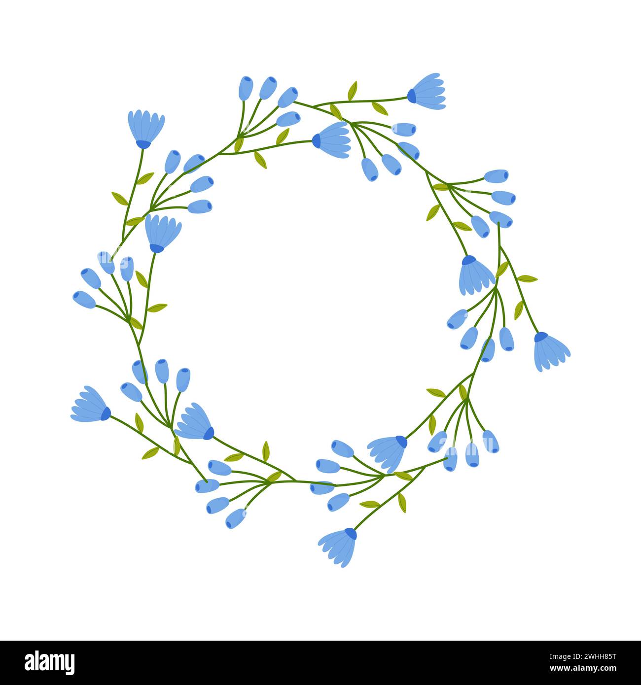 Floral round frame, ornament, spring blue cornflower. On white background. For your postcard design, invitations, congratulations Stock Vector