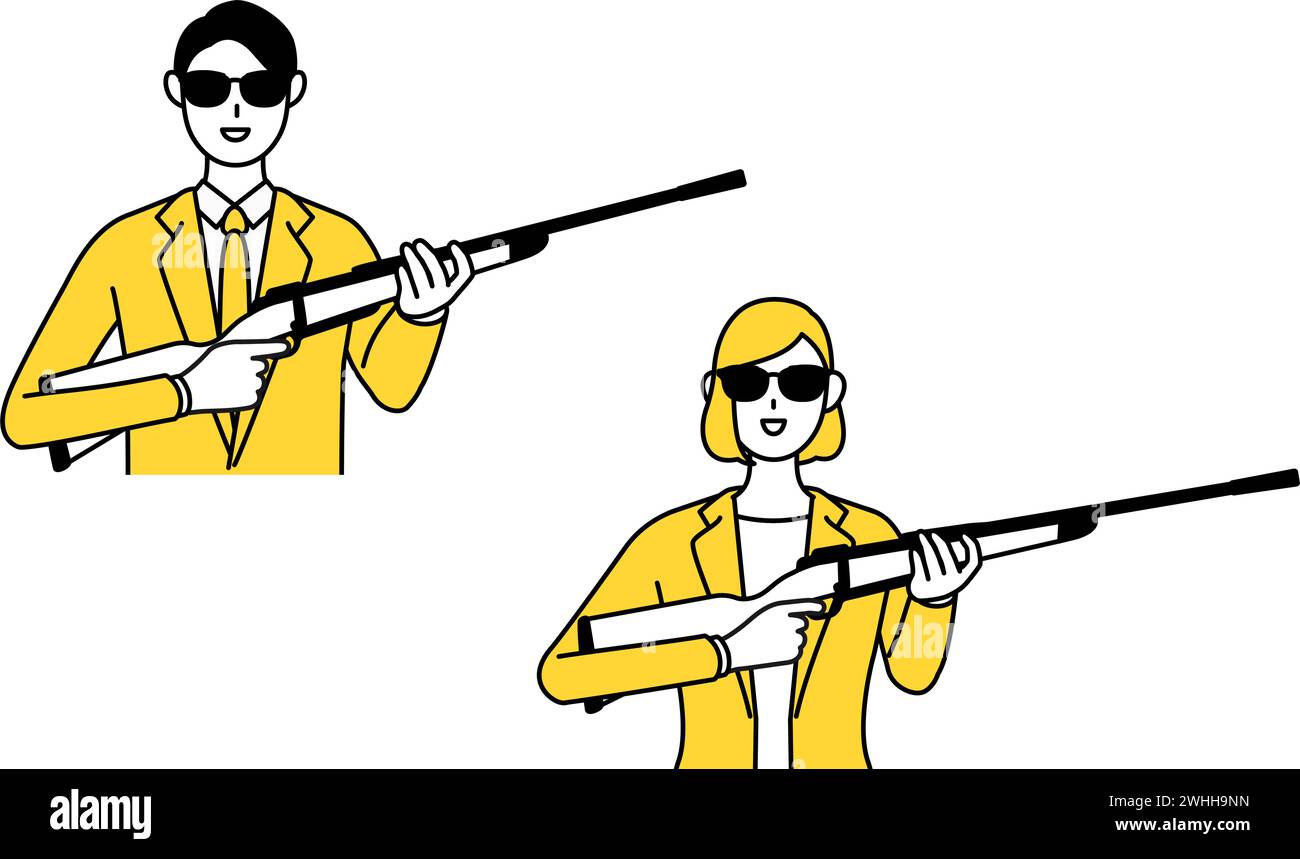 Simple line drawing illustration of a man and woman in suits, sniper wearing sunglasses and holding a rifle Stock Vector