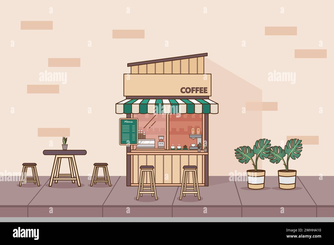 Coffee street stall vector illustration. Outdoor cafe on the pedestrian area. Stock Vector
