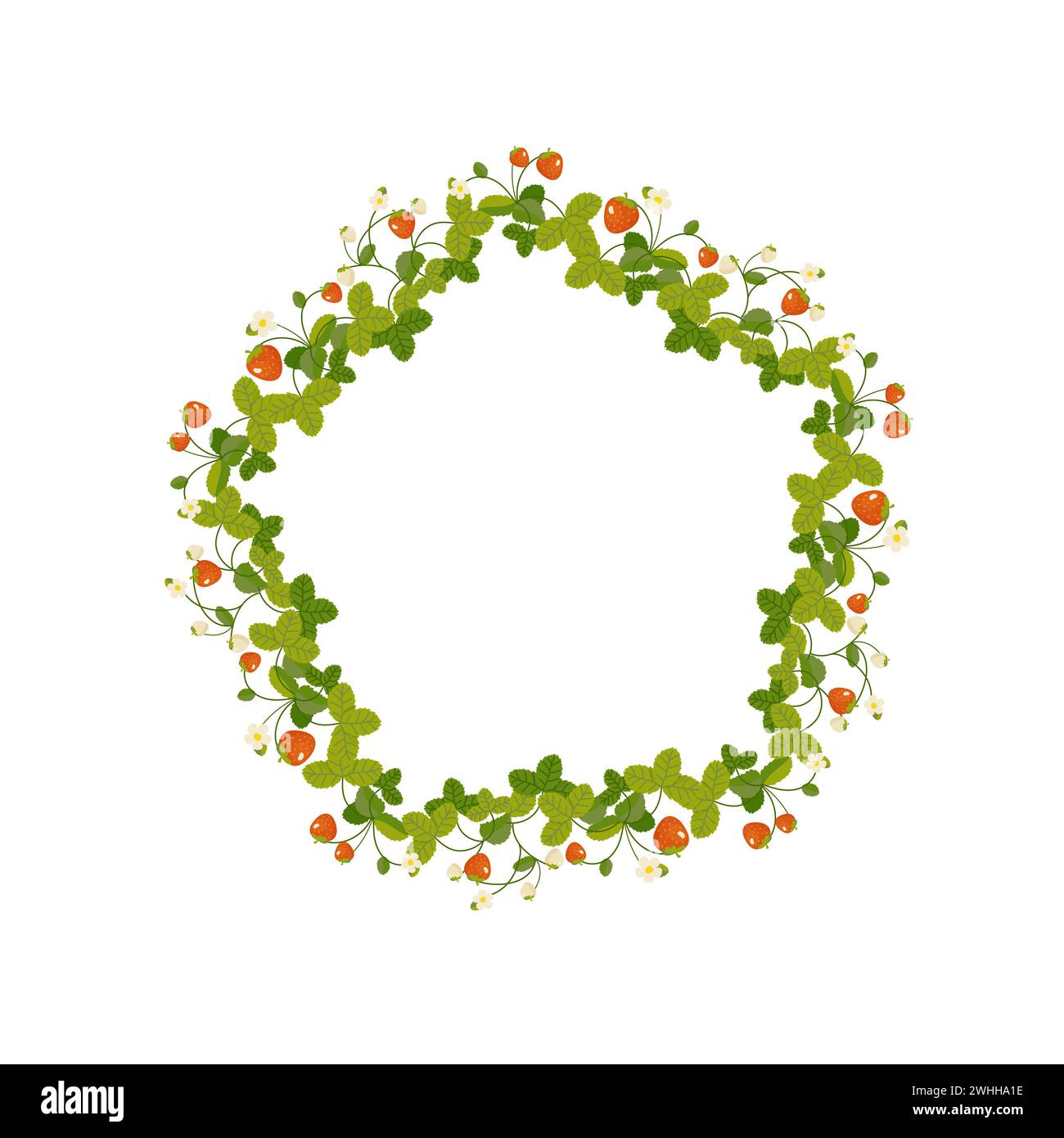 Strawberry flower round frame, ornament, spring. Isolated background. Stock Vector