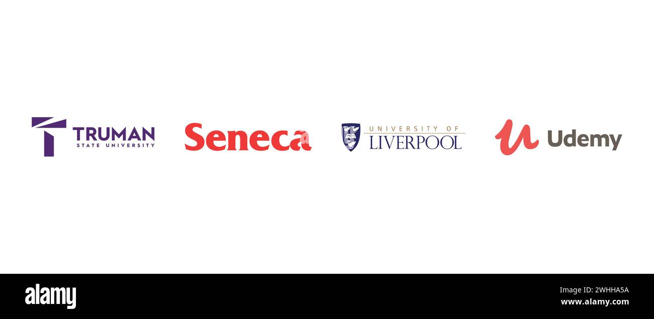 Udemy, University Of Liverpool, TSU Truman State University, Seneca College. Vector illustration, editorial logo. Stock Vector