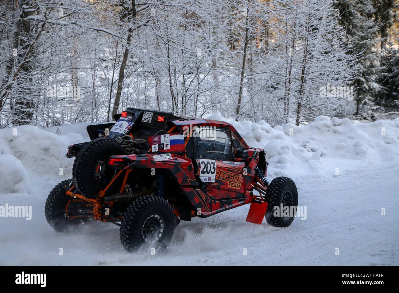 Leningrad Region, Russia. 10th Feb, 2024. Racing crew Alexey Cherkesov/Artyom Shevelev (223) compete during 1st stage of the Russian Baja Rally Raid Championship “Russia Northern Forest”. (Photo by Maksim Konstantinov/SOPA Image/Sipa USA) Credit: Sipa USA/Alamy Live News Stock Photo