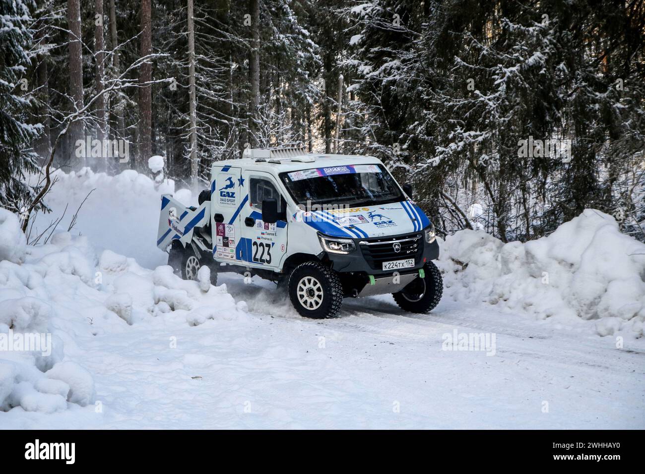 Leningrad Region, Russia. 10th Feb, 2024. Racing crew Alexey Ignatov/Evgeny Pavlov (223) compete during 1st stage of the Russian Baja Rally Raid Championship “Russia Northern Forest”. Credit: SOPA Images Limited/Alamy Live News Stock Photo