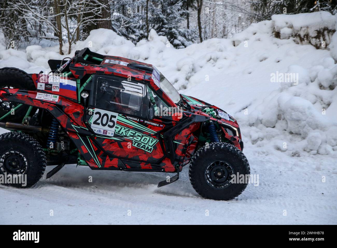 Leningrad Region, Russia. 10th Feb, 2024. Dmitry Cherkesov/Vladimir Prostakov (205) racing crew compete during 1st stage of the Russian Baja Rally Raid Championship “Russia Northern Forest”. (Photo by Maksim Konstantinov/SOPA Image/Sipa USA) Credit: Sipa USA/Alamy Live News Stock Photo