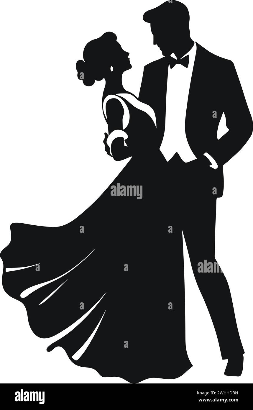 Classic Waltz Dance Couple, Bride and Groom Dancing silhouette Vector Stock Vector