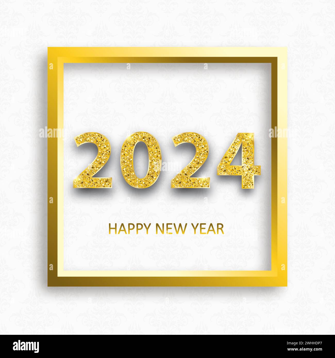 Golden frame and numbers 2024 on the wallpaper with ornaments. Eps 10