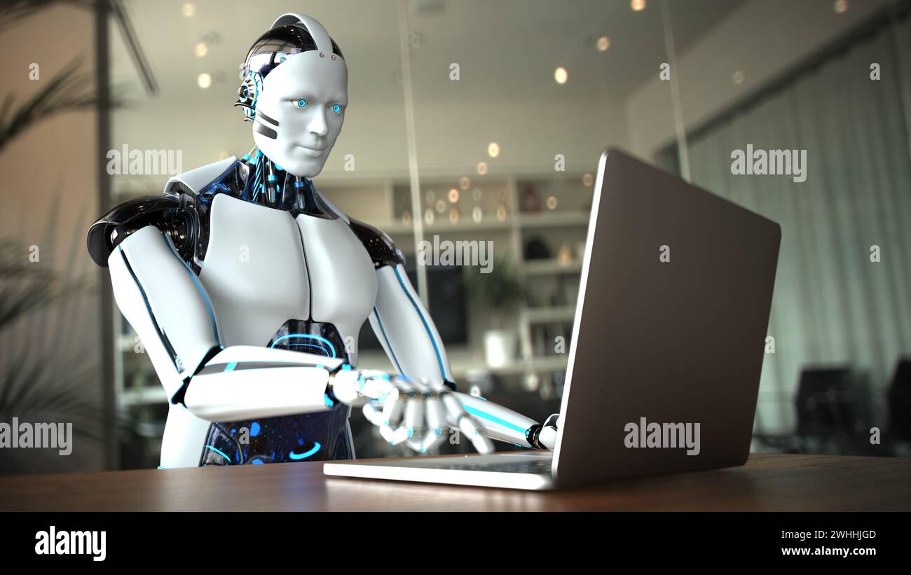Humanoid robot typing on computer in office. 3d illustration Stock ...