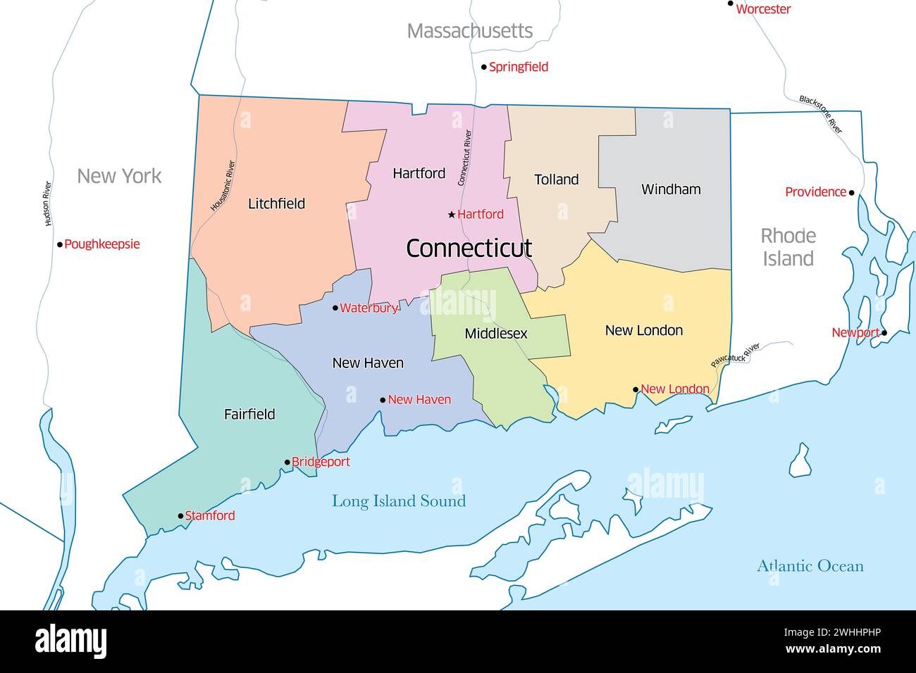 Colorful political map of the state of Connecticut outlining the various counties that make up