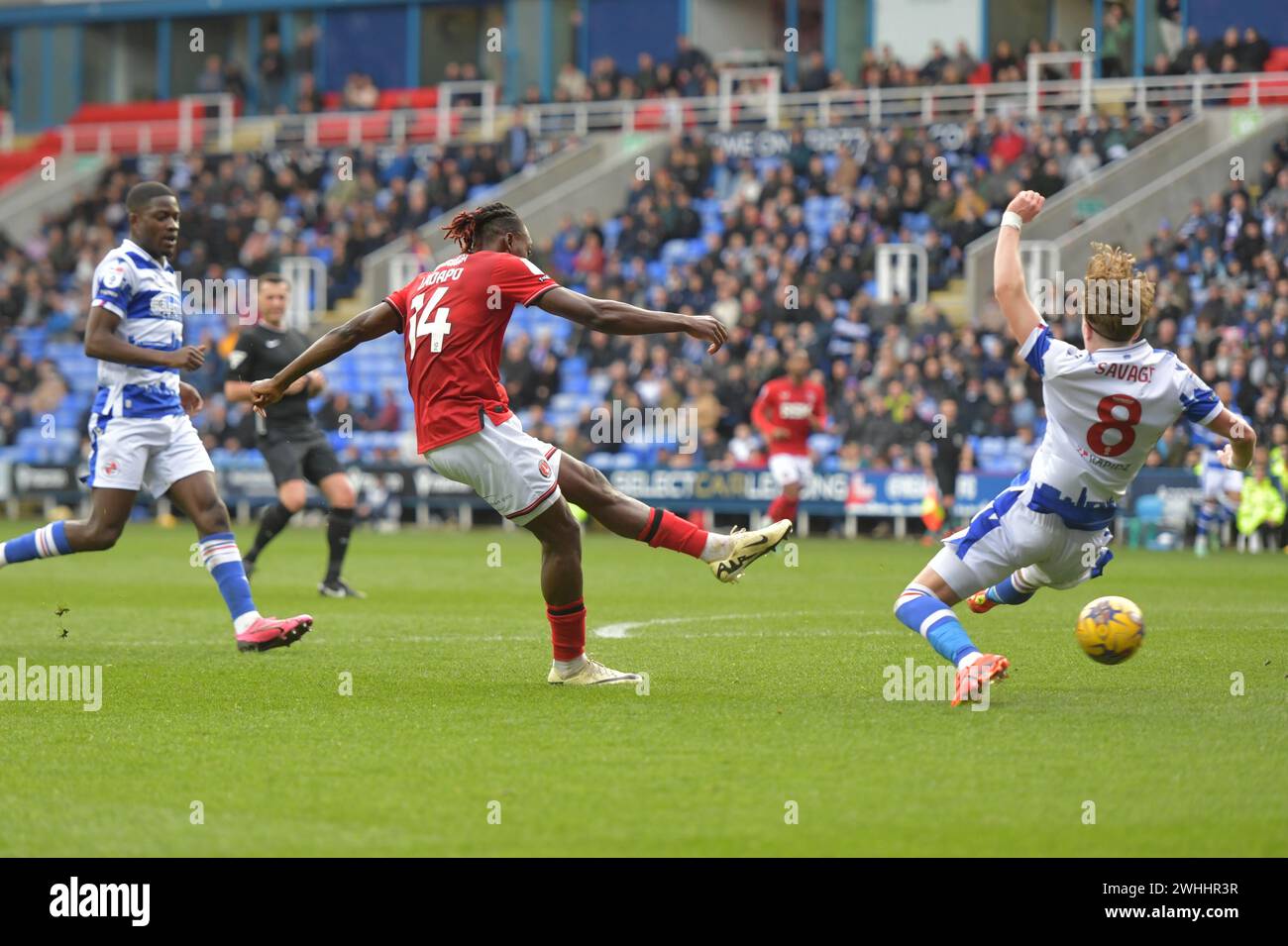 Reading, England. 10th Feb 2024. Freddie Ladapo of Charlton Athletic shoots during the Sky Bet