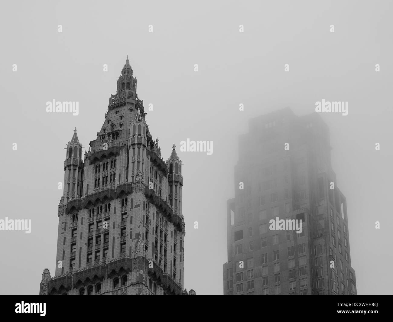 Monochromatic image of the Woolworth building and 99 Church Street. Stock Photo