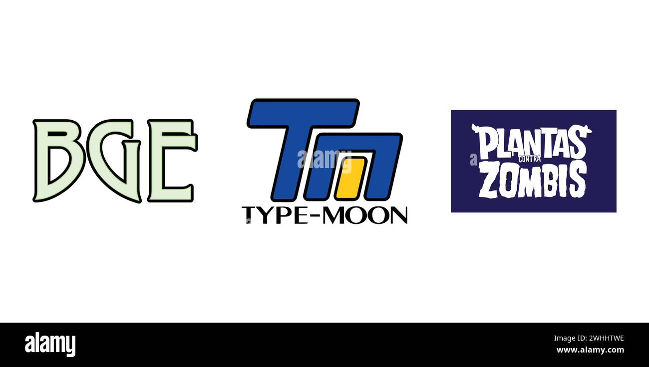 BGE, Type Moon, Plantas Contra Zombis. Editorial brand emblem. Stock Vector