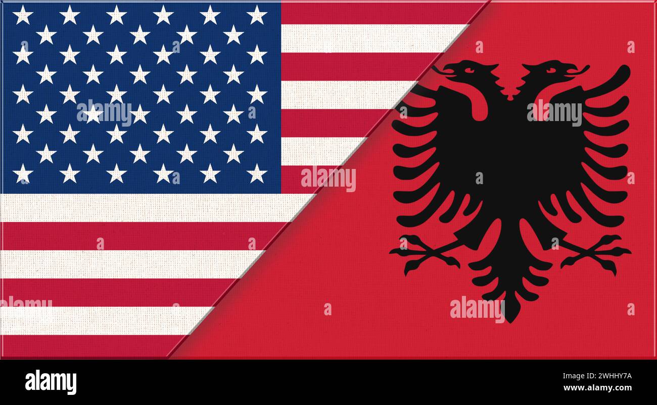 Flags of USA and Albania. American and Albanian national flags on fabric surface. USA and Albanian r Stock Photo