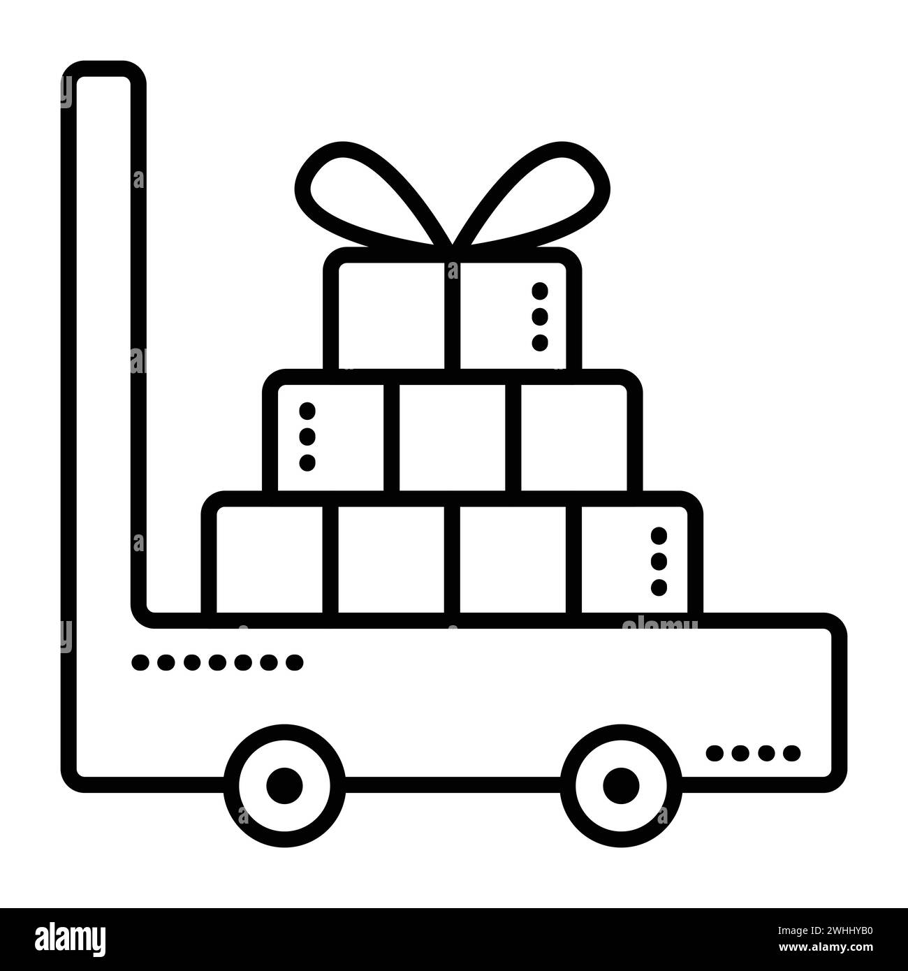 Trolley with load, black line vector icon, the sign of warehouse transport with packages Stock Vector