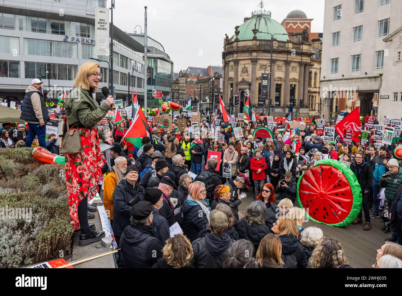 Leeds, UK. 10 FEB, 2024. Demonstrators gather in city square prior to 'watermelon' march through city center. Credit Milo Chandler/Alamy Live News Stock Photo