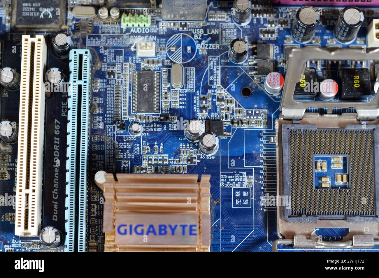 Cairo, Egypt, February 9 2024: Gigabyte main board computer motherboard FSB 1066 supports Core 2 Duo processor, Gigabyte is a Taiwanese manufacturer a Stock Photo