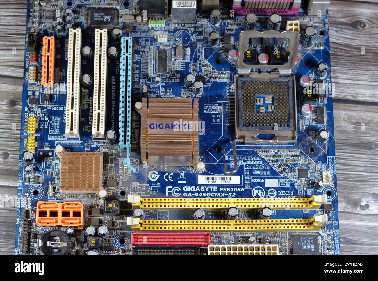 Cairo, Egypt, February 9 2024: Gigabyte main board computer motherboard FSB 1066 supports Core 2 Duo processor, Gigabyte is a Taiwanese manufacturer a Stock Photo