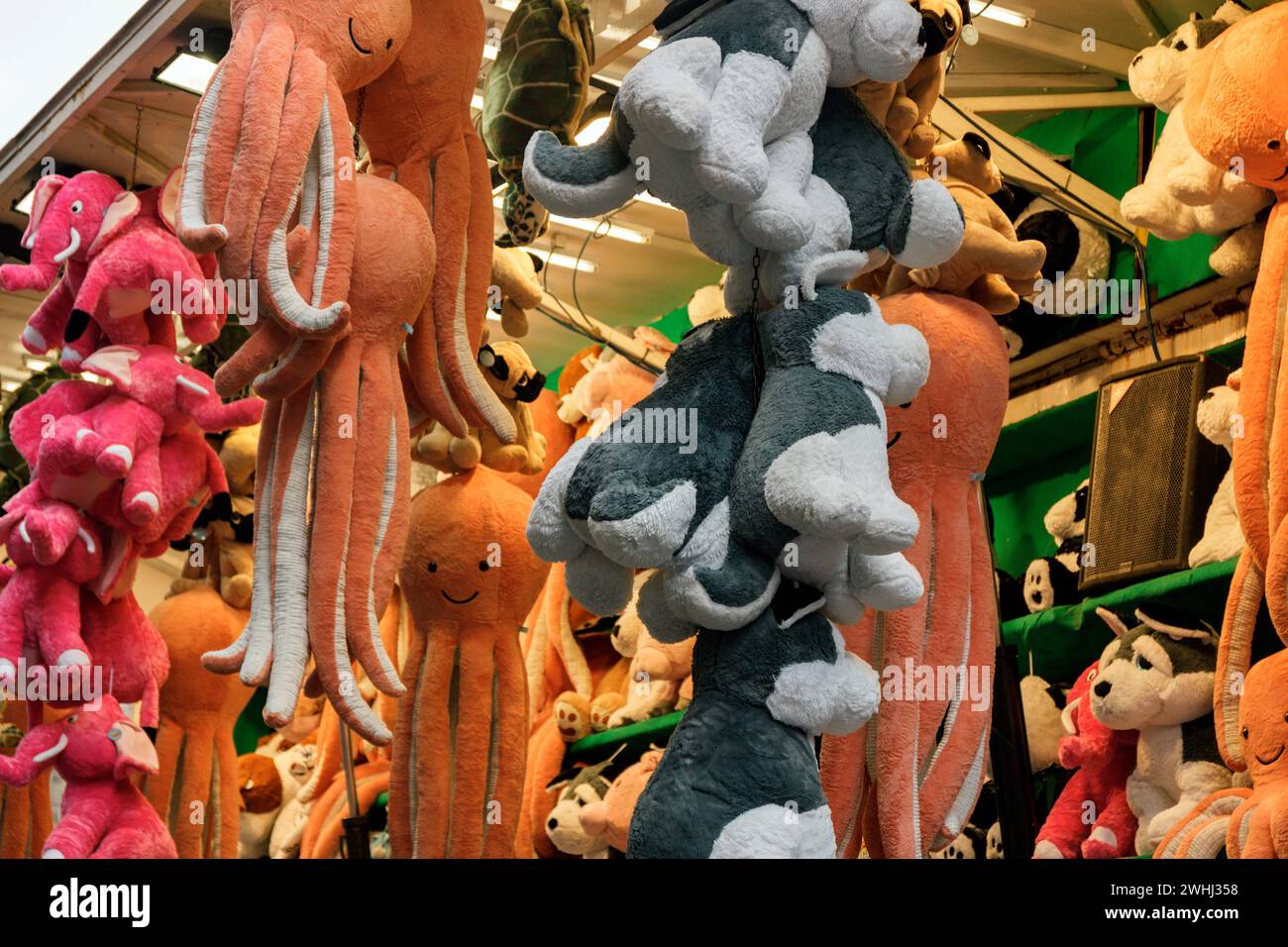 Soft toys on a stall at Chinatown, Manchester. Chinese New Year 2024. Stock Photo