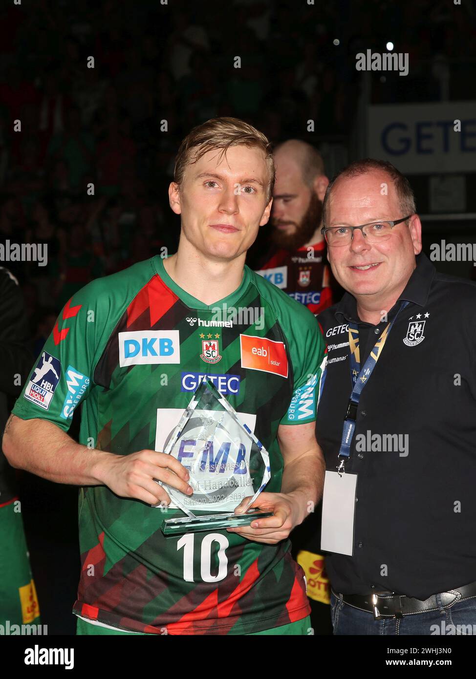 Marc-Henrik Schmedt honors Gisli Kristjansson SC Magdeburg player season 2022-23 on 06/08/2023 Stock Photo