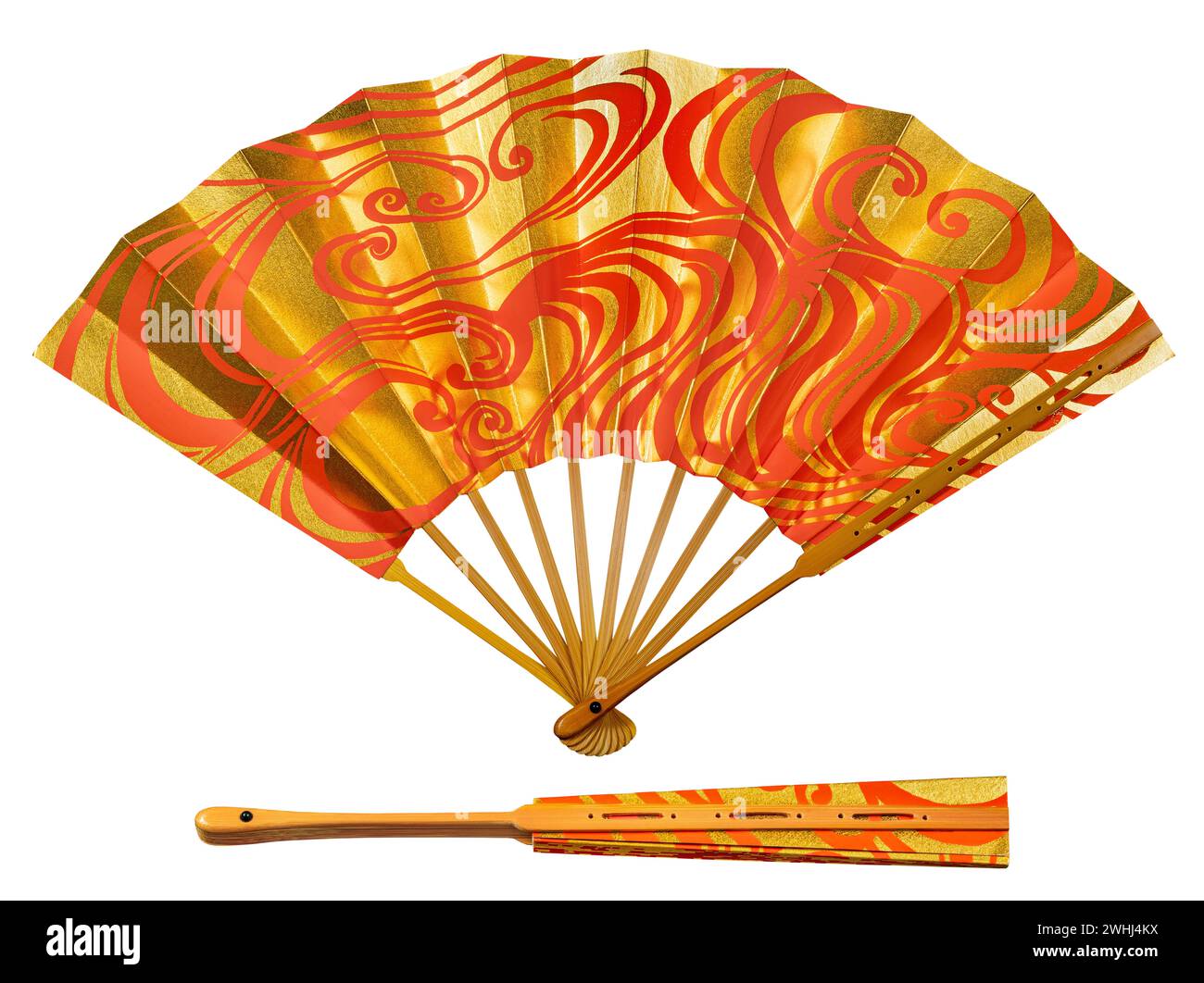Japanese traditional hand fan from paper and bamboo with gold and red ornament, isolated on white. Stock Photo