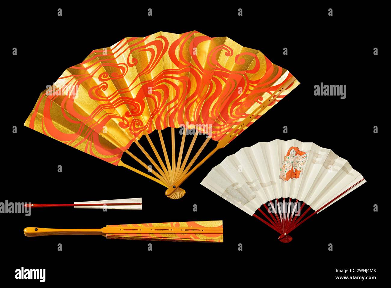Japanese traditional hand fans from paper and bamboo with gold and red