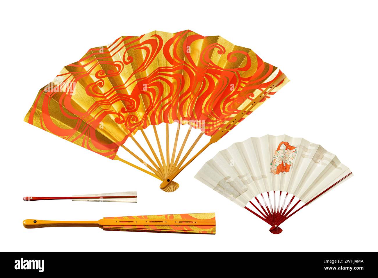 Japanese traditional hand fans from paper and bamboo with gold and red ornament, isolated on