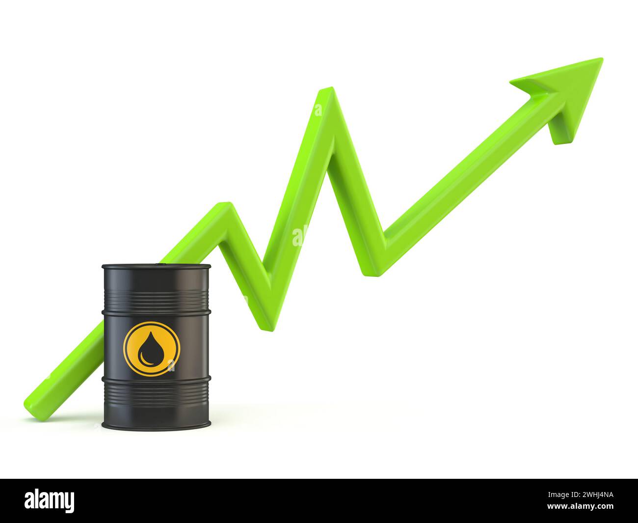 Black oil barrel with green rising arrow 3D Stock Photo - Alamy