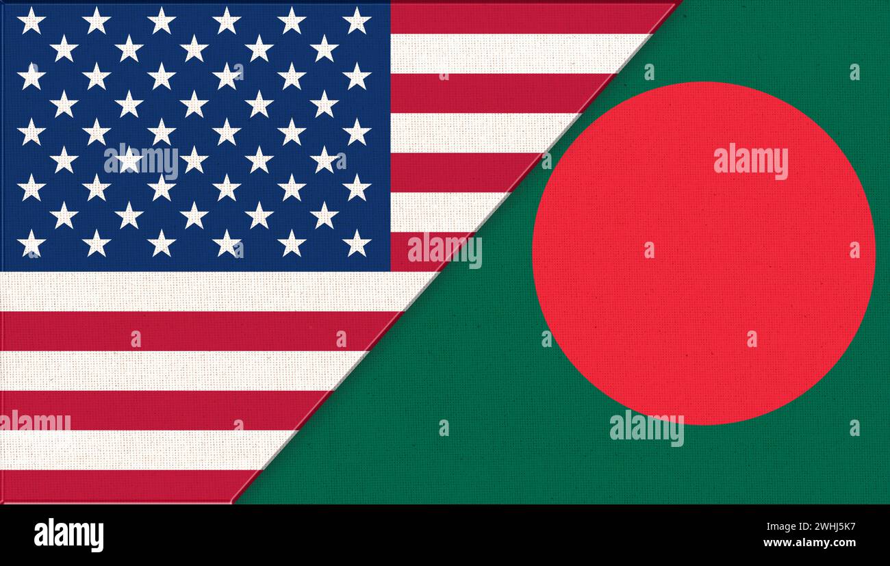 Flags of USA and Bangladesh. American and Bengalis national flags on fabric surface. Flag of USA and Stock Photo