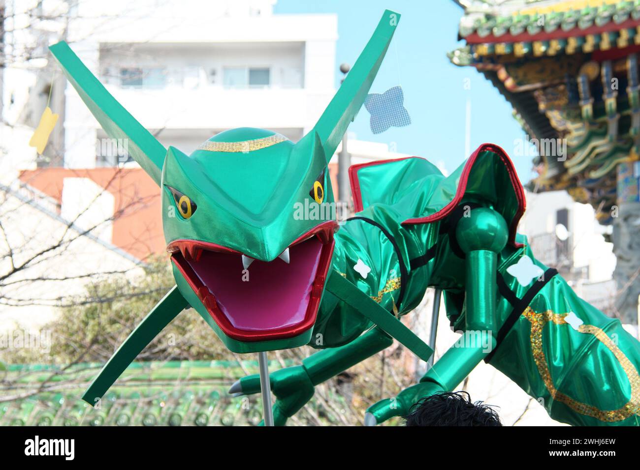 Yokohama, Japan. 10th Feb, 2024. Dragon dance based Lekuza of Pocket monster character performs on the first day of Chinese Lunar New Year at Chinatown in Yokohama, Kanagawa-Prefecture, Japan on Saturday, February 10, 2024. Photo by Keizo Mori/UPI Credit: UPI/Alamy Live News Stock Photo