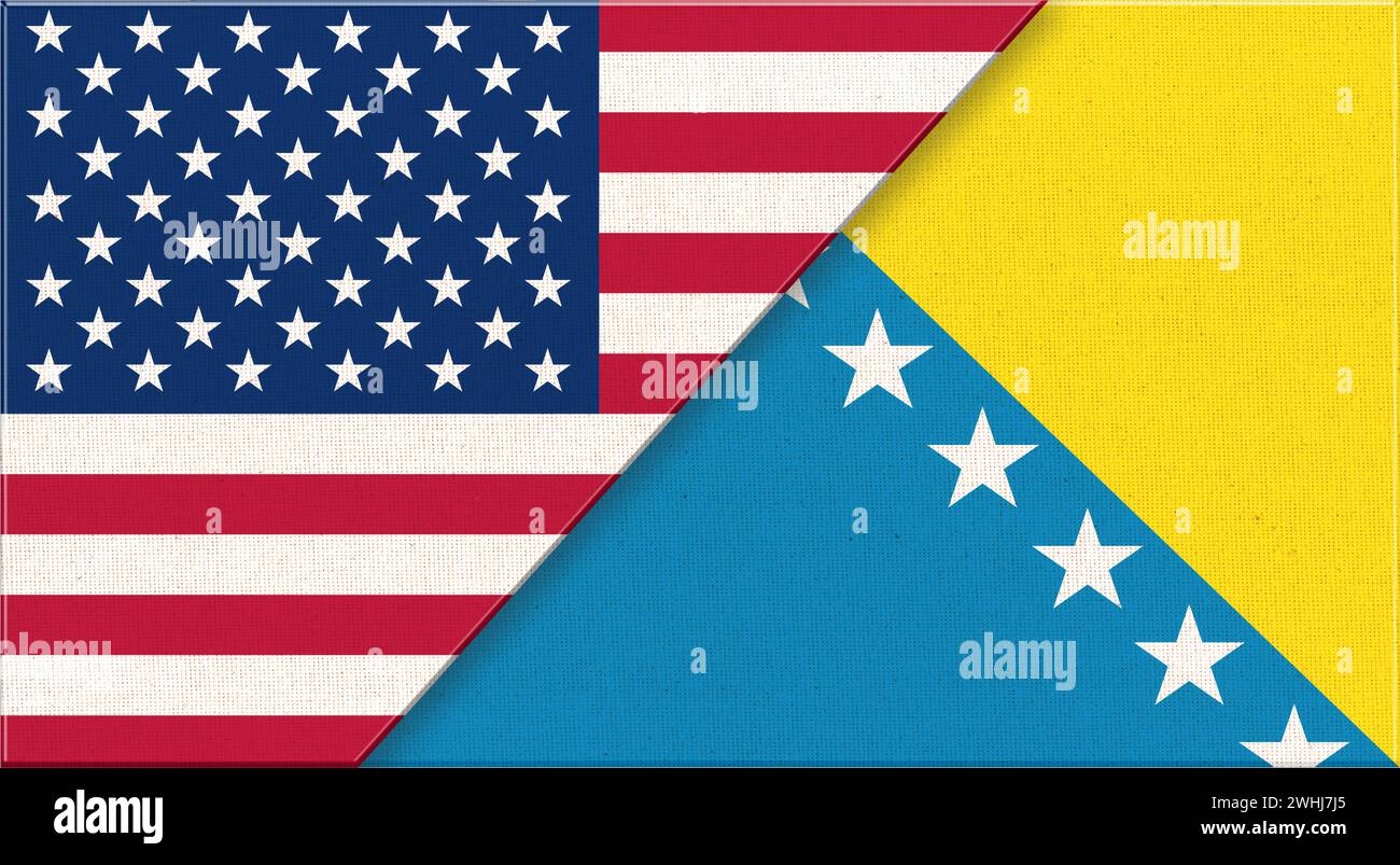 Flags of USA and Bosnia and Herzegovina. American and Bosnia and Herzegovina national flags on fabri Stock Photo