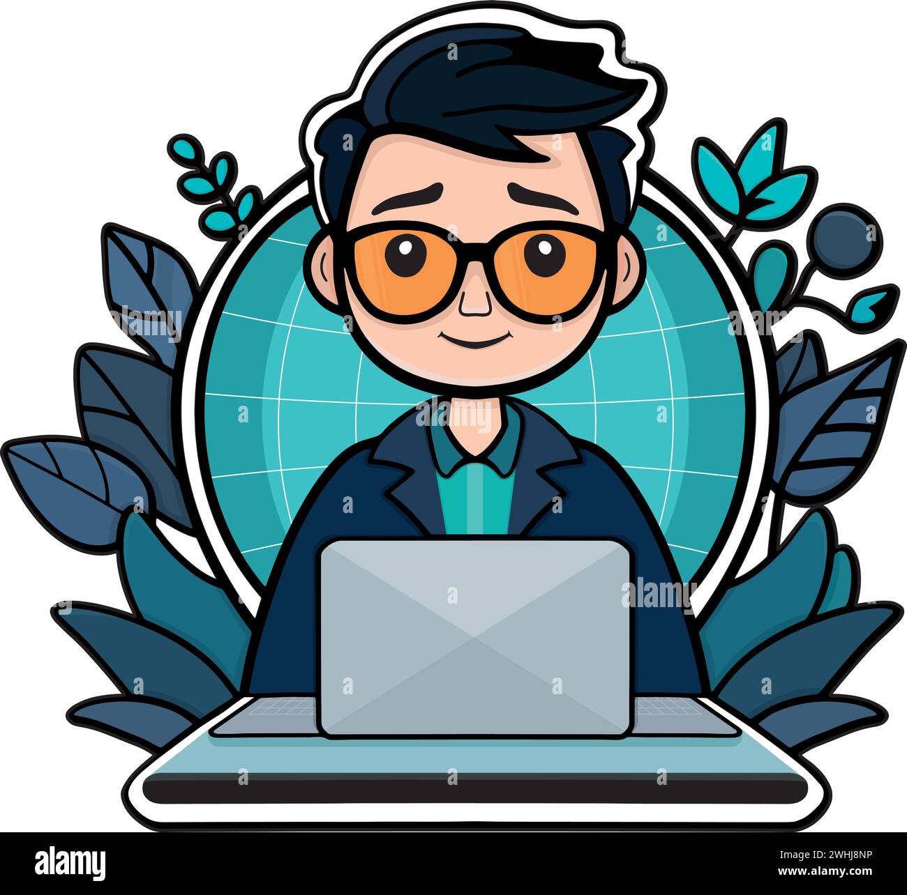 Man Working On Laptop Vector Icon Illustration. Work From Home Mascot Cartoon Character. People Icon Concept Isolated. Flat Cartoon Style Suitable for Stock Vector