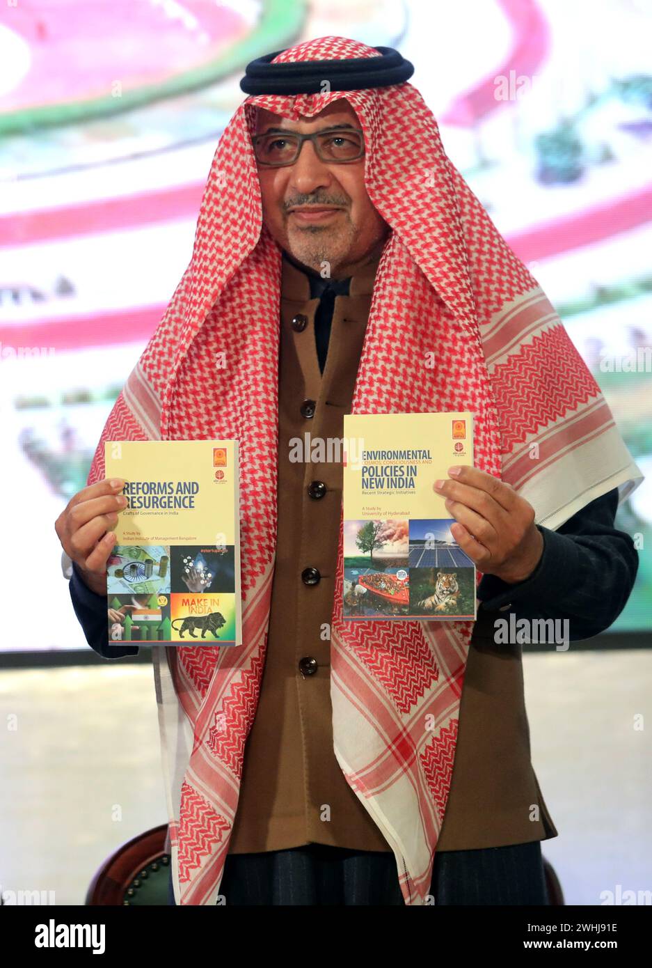 New Delhi, India. 10th Feb, 2024. Saudi Arabia's ambassador to India, Saleh bin Eid Al-Hussaini seen holding books at the inauguration ceremony of World Book Fair 2024, with the theme 'MULTI LINGUAL INDIA' A living Tradition, at Bharat Mandapam, Pragati Maidan. The Kingdom of Saudi Arabia is the guest country for the in Book Fair 2024. The fair will continue til February 18 and wil host over 200 stalls of books with multiple languages. Credit: SOPA Images Limited/Alamy Live News Stock Photo