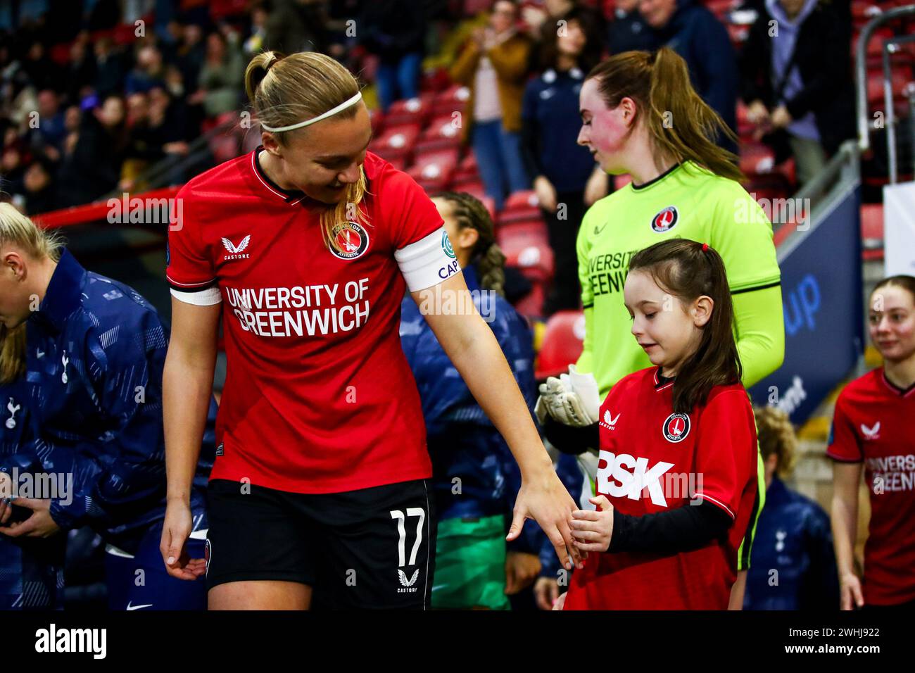 Kiera Skeels (17 Charlton Athletic) walks out with a mascot during the Womens FA Cup game between Tottenham Hotspur and Charlton Athletic at Gaughan Group Stadium Brisbane Road in London, England. (Liam Asman/SPP) Credit: SPP Sport Press Photo. /Alamy Live News Stock Photo