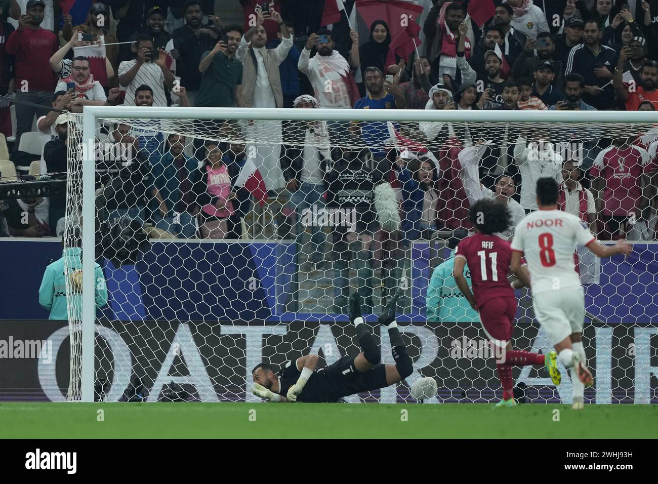 Qatar, Lusail, 10 February 2024 - Akram Afif of Qatar scoring a goal during the AFC Asia Cup Final match between Jordan and Qatar at Lusail Stadium in Lusail, Qatar on 10 February 2024. Credit: Sebo47/Alamy Live News Stock Photo