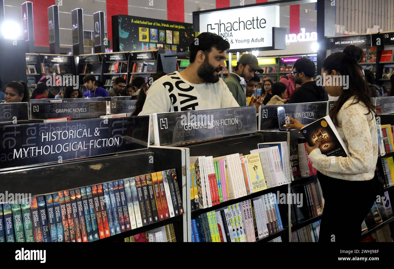 New Delhi, India. 10th Feb, 2024. People visit the book stalls on the first day of the World Book fair 2024 with the theme 'MULTI LINGUAL INDIA' A living Tradition, at Pragati Maidan. The Kingdom of Saudi Arabia is the guest country for the in Book Fair 2024. The fair will continue til February 18 and wil host over 200 stalls of books with multiple languages. Credit: SOPA Images Limited/Alamy Live News Stock Photo