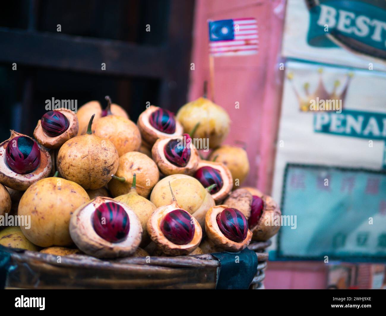 Nutmeg in shells. Sectional view of ripe colorful red nutmeg fruit