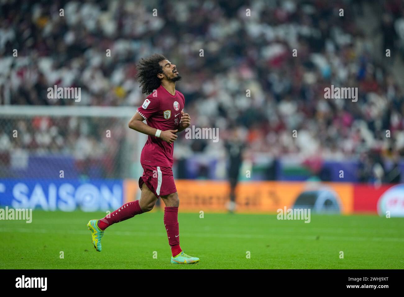 Qatar, Lusail, 10 February 2024 - Akram Afif of Qatar celebrates after scoring a goal during the AFC Asia Cup Final match between Jordan and Qatar at Lusail Stadium in Lusail, Qatar on 10 February 2024. Credit: Sebo47/Alamy Live News Stock Photo