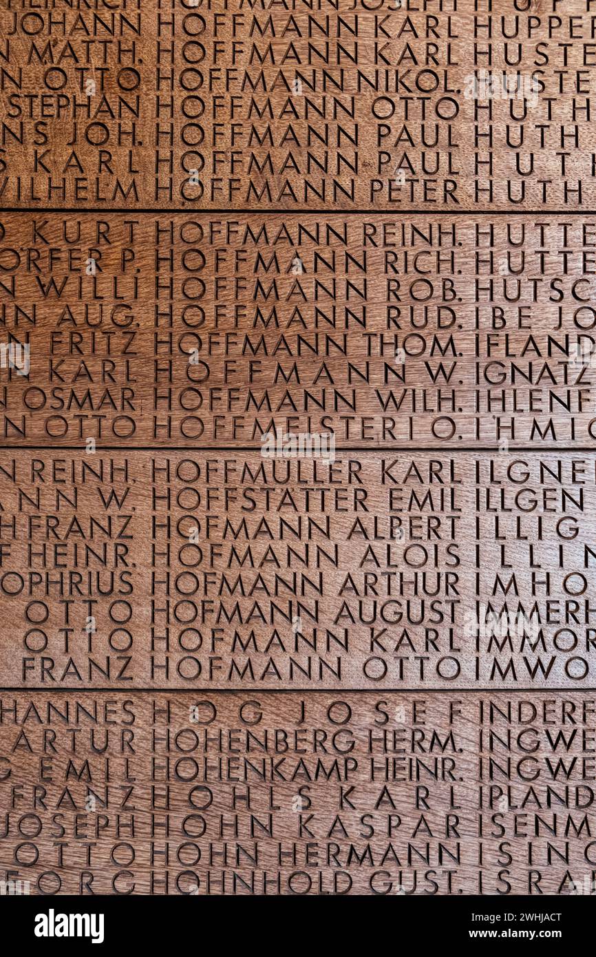 Wall engraved with fallen student soldiers at Langemark German war cemetery, Ypres Salient Stock Photo