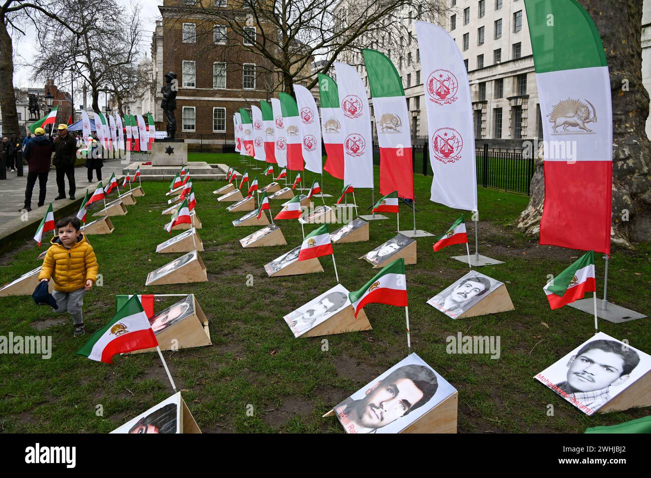 London, UK. 10th Feb, 2024. The Iranian community (AWYAF) held a campaign to stop executions. According to protesters, the Iranian government has documented more than 101 juvenile executions in Iran since 2005. Protestors demand a change from the Mullah. Hundreds of pictures of the victims were displayed opposite Downing Street in London, UK. Credit: See Li/Picture Capital/Alamy Live News Stock Photo