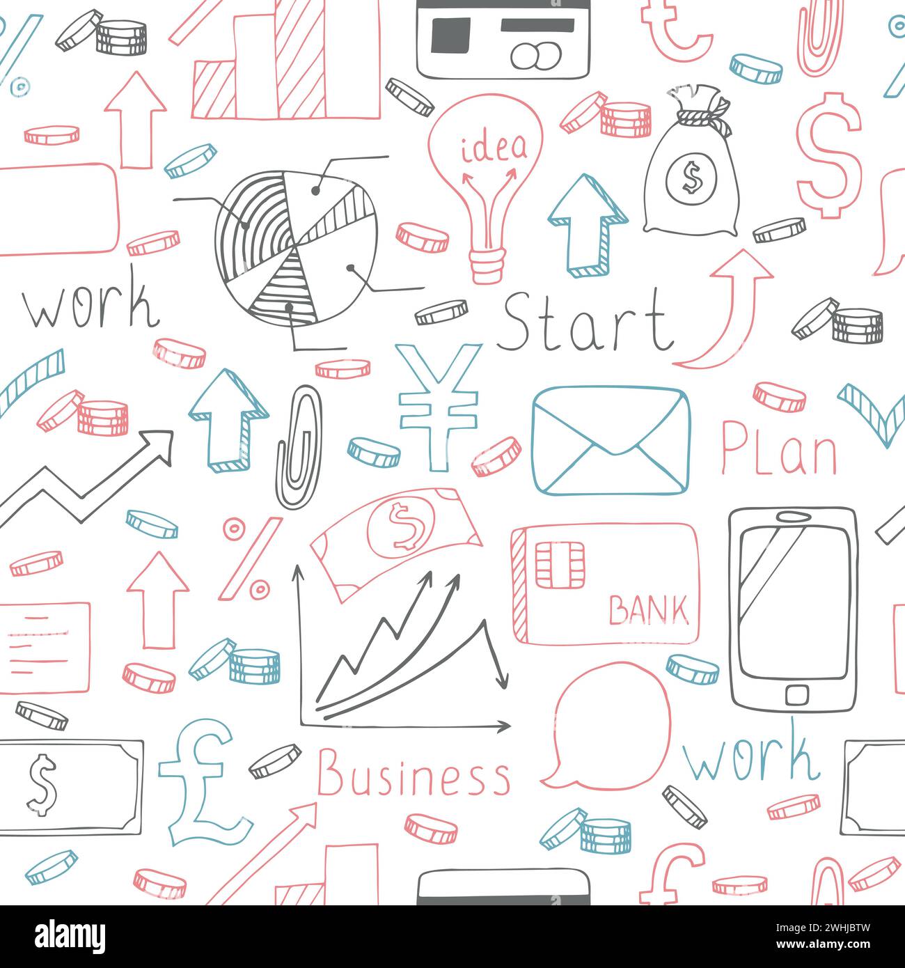 Seamless doodle pattern with business symbols. Vector illustration Stock Vector