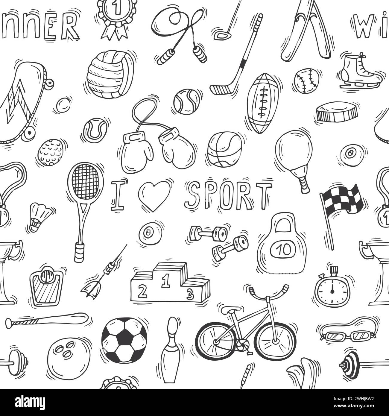Sketch style sport seamless pattern. Vector illustration Stock Vector