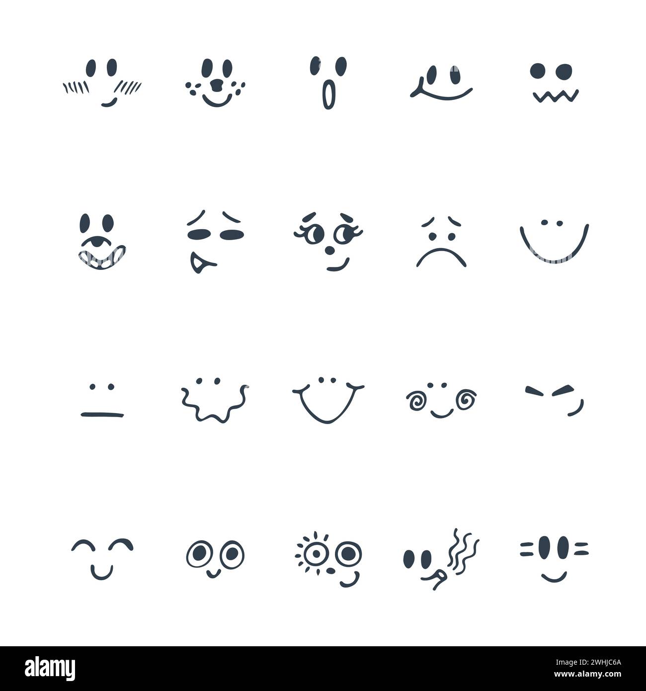 Sketched facial expressions set. Set of hand drawn cute faces with