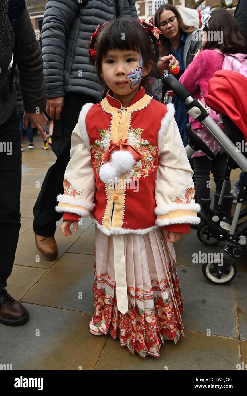 Duke of York Square, London, UK, 10 February 2024: As the Year of the Dragon approaches, we celebrate the Chinese New Year which symbolizes good luck, health and strength. The Duke of York Square Market offers traditional Chinese food and exciting entertainment including traditional dragon and lion dance performances, Chinese drummers, and celebratory face painting for your little ones.The Year of the Dragon begins with the Lunar New Year 2024. Deeply rooted in the rich heritage of Chinese culture, the Year of the Dragon is a powerful symbol of wealth and good fortune from East and Southeast Stock Photo
