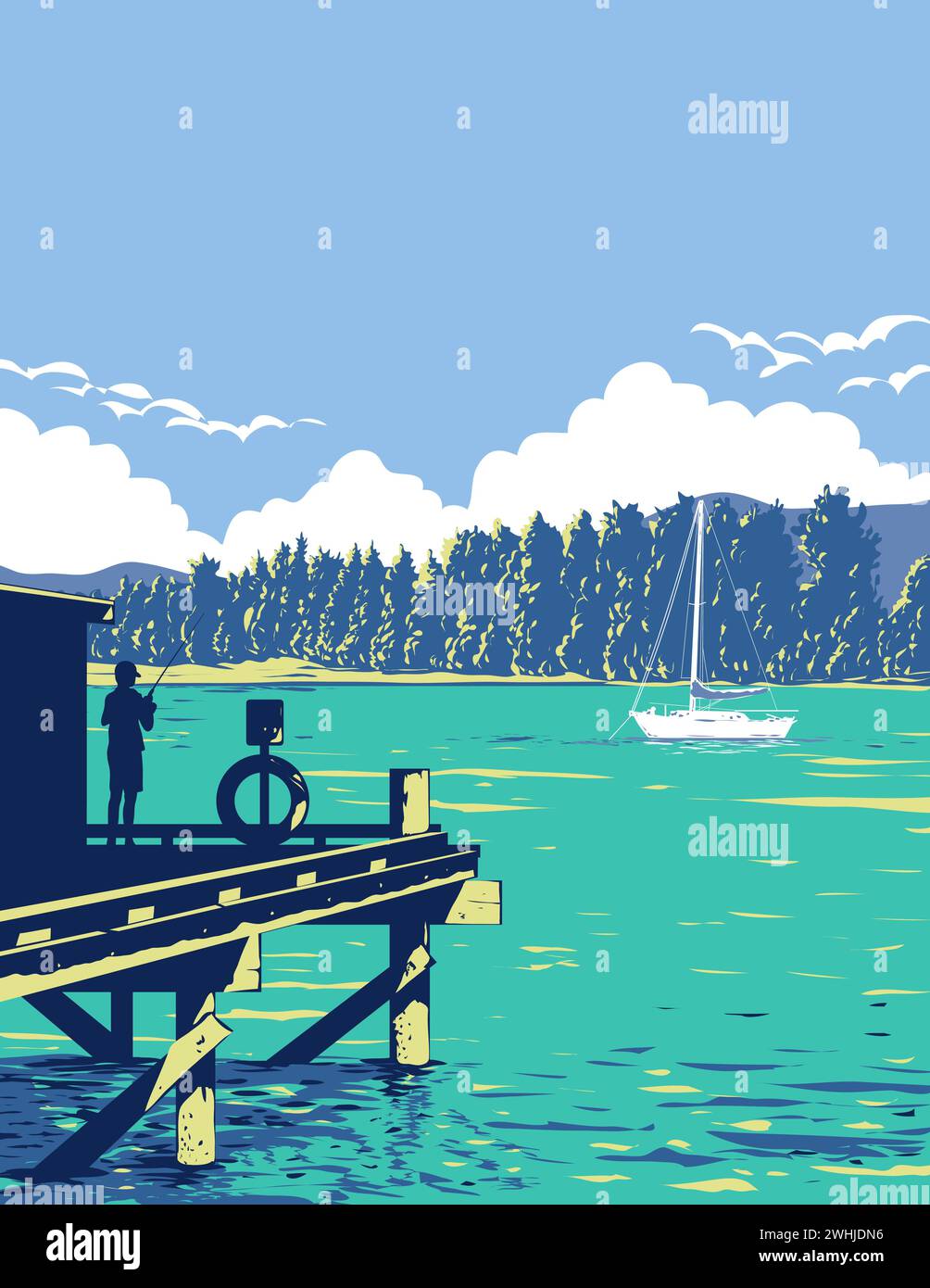 Fishing in Mapua Summer on Tasman Bay New Zealand WPA Art Deco Poster